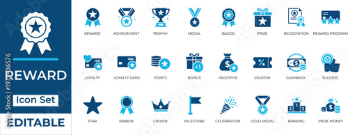 Modern reward and achievement flat icon set. Includes trophy, medal, loyalty card, and success symbols in dual-tone blue. Editable vector illustration for business.