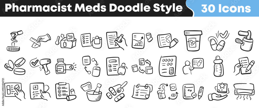 Obraz premium Hand-drawn doodle style icons for pharmacists and medication, featuring 30 essential healthcare elements perfect for digital applications, educational materials, and medical design projects.