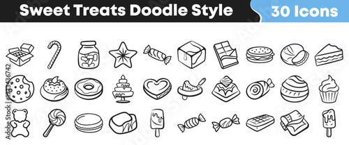 Collection of thirty black and white doodle style icons representing various sweet treats and confectionery items for design projects.