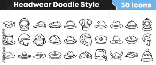 Collection of thirty distinct black and white doodle style icons representing various types of headwear and professional hats