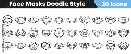 Thirty distinct hand drawn doodle style icons representing various types of protective face masks and respirators for health safety.
