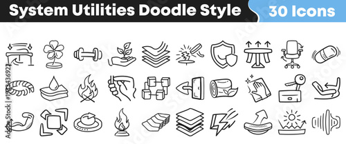 Collection of thirty hand drawn doodle style icons representing various system utilities and essential household functions for design projects.
