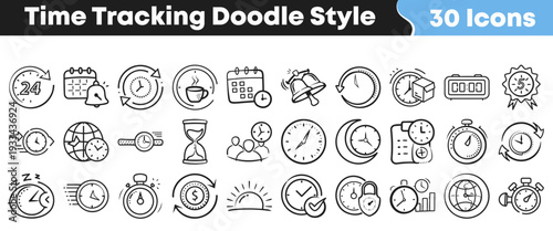 A comprehensive set of 30 hand-drawn doodle style icons for time tracking, management, productivity, and scheduling, perfect for digital projects and creative designs.