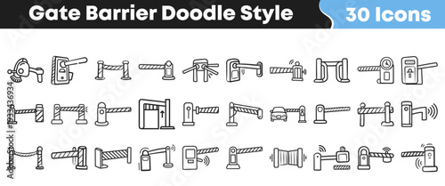 A collection of thirty distinct hand drawn doodle style icons representing various types of access control barriers and security entry points.