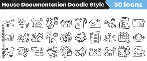 Comprehensive hand-drawn doodle style icon set for house documentation, real estate, property management, and home buying processes, providing versatile visual elements for various projects.