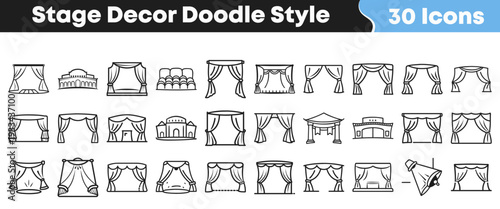 A comprehensive set of charming doodle style icons perfect for illustrating various stage decor elements, theater productions, event backdrops, and performance venues in creative projects.