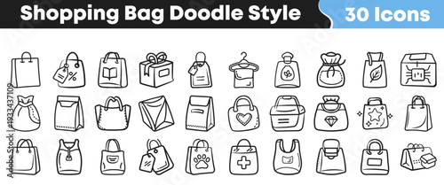 This collection features thirty hand-drawn doodle style shopping bag icons, perfect for various e-commerce, retail, and gift related design projects.