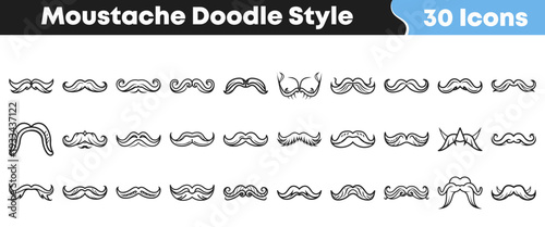 Collection of thirty diverse hand drawn black and white mustache doodle style icons showcasing various facial hair designs for decoration or concept.