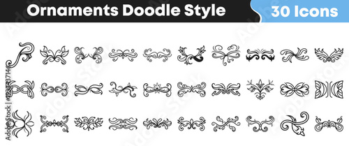 Collection of thirty intricate black and white hand drawn ornaments and decorative flourishes perfect for vintage design elements