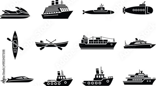 A collection of black silhouettes representing various types of watercraft and vessels
