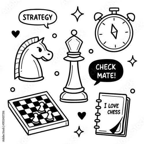 Hand-drawn chess elements: knight, bishop, chessboard with pawns, clock, strategy speech bubbles and I love chess notebook