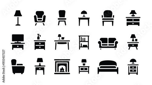 A set of black and white vector icons featuring various furniture pieces, including chairs, lamps, sofas, and tables, in a flat design style.