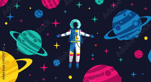 Cartoon astronaut character in a spacesuit floating in zero gravity.