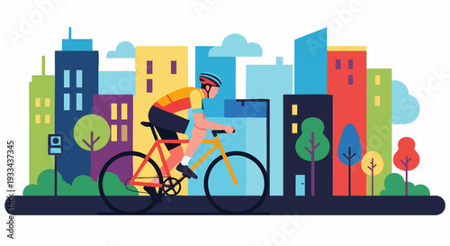 Cyclist Riding Through Colorful Cityscape Illustration, Promoting Urban Transportation and Healthy Lifestyle.