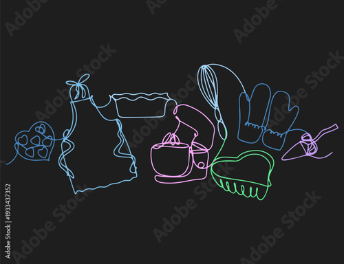 A set of separate multi-colored items for cooking and baking drawn in one line for the logo of a culinary show.