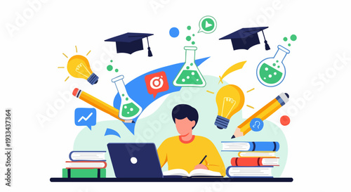 Focused student studying with laptop and books, surrounded by science and education elements.