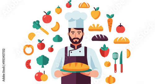 Professional Male Chef Character Holding Freshly Baked Bread.