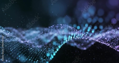 Abstract glowing particle wave with blue and purple neon dots, futuristic digital technology background, motion graphic animation