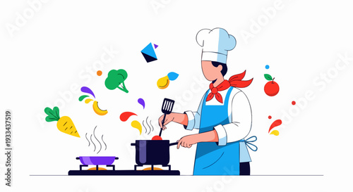 Chef cooking healthy food with fresh vegetables and fruits illustration.