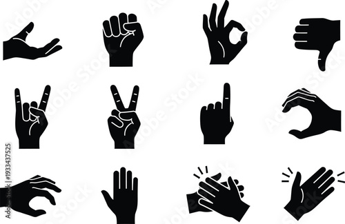 A collection of black silhouette hand gestures showing different signs and signals on white.