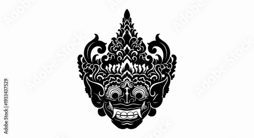 Intricate traditional demonic mask illustration with ornate details.