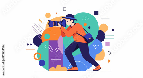 Photographer capturing a moment with professional camera and hat.