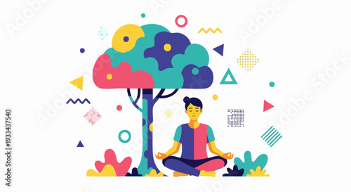 Man Meditating Under a Colorful Abstract Tree.
