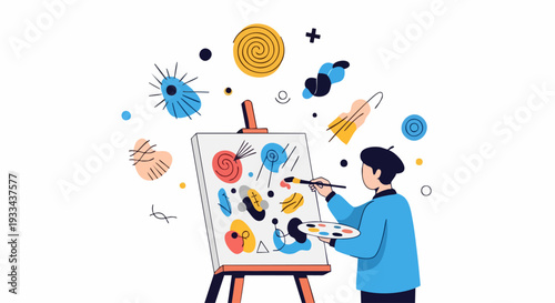 Young male artist painting an abstract picture on a canvas.
