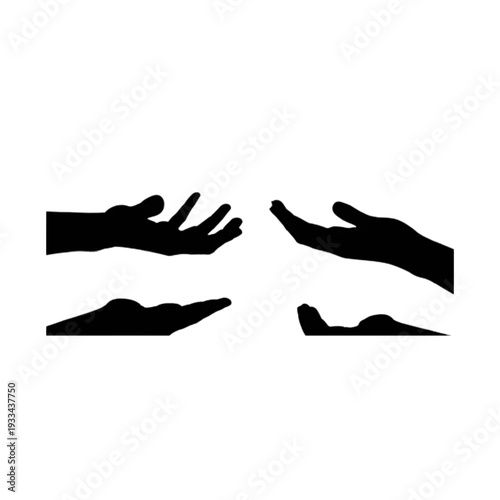 Collection of human hand silhouettes in giving and receiving poses, icons for support, charity and community