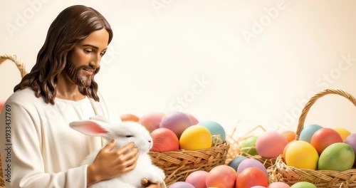 Jesus Christ holding a white Easter bunny surrounded by baskets of colorful eggs, warm spring holiday celebration, 3D animation footage
