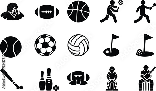 Collection of black and white sports icons representing various popular athletic activities