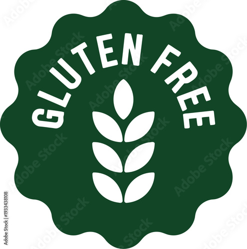 A green gluten free logo with a white wheat design on a plain background