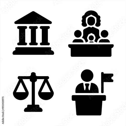 Legal and judicial icons representing justice, court, and law concepts