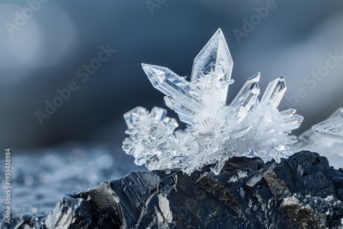 Frost Crystals Form on Dark Obsidian Rock in Macro Close-Up With Bokeh Background Highlighting the Details of Nature