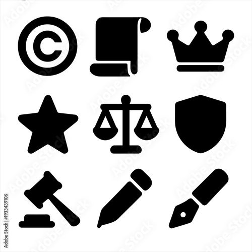 Legal symbols silhouette icons: copyright, gavel, scale, crown, star, shield