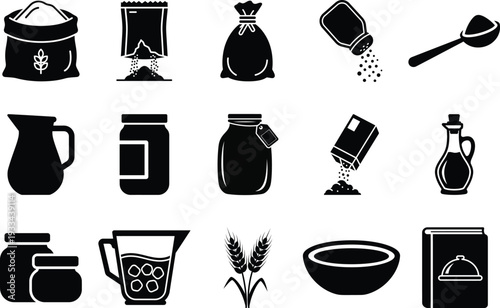 Set of  15 Flat Cookery Icons for Ingredients and Kitchen Accessories
