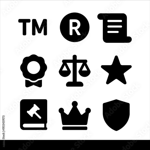 Legal icons set: trademark, copyright, scroll, badge, scale, star, book, shield