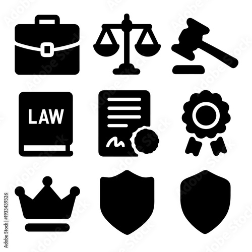 Legal icons set featuring scales, gavel, and law book for judicial themes