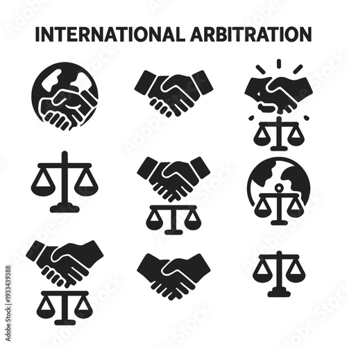 International arbitration icons featuring scales, earth, and handshake symbols