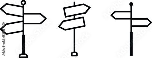 Set of three blank directional signposts icons representing choices and navigation