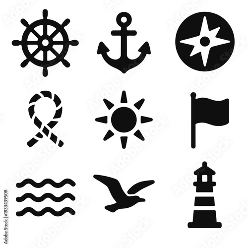 Nautical icons set featuring anchor, compass, and lighthouse designs