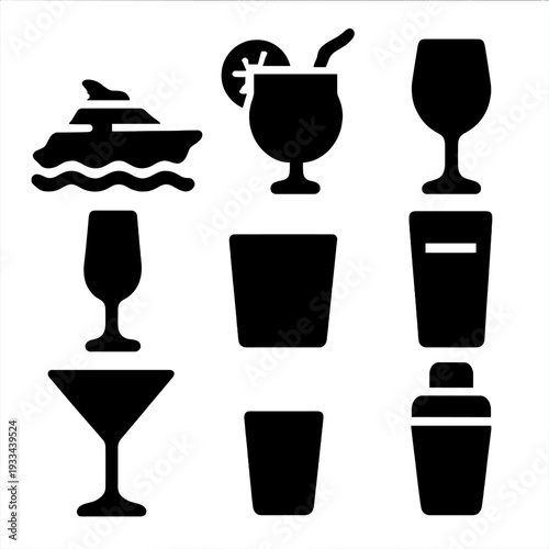 Silhouette icons of cocktail glasses, shaker, yacht for luxury party themes