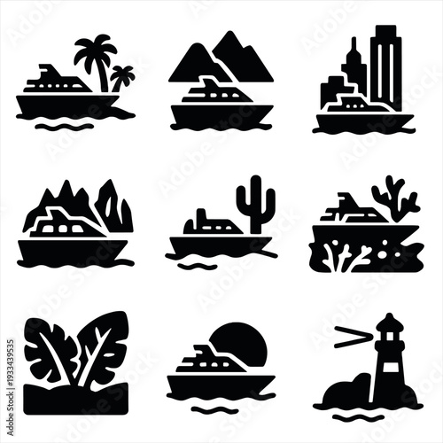 Silhouette icons of travel destinations featuring ships and landscapes
