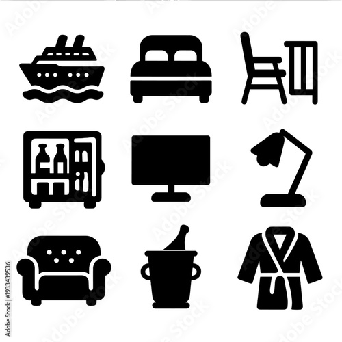 Hotel amenities: cruise, bed, mini fridge, tv, lamp, chair, sofa, ice bucket, robe