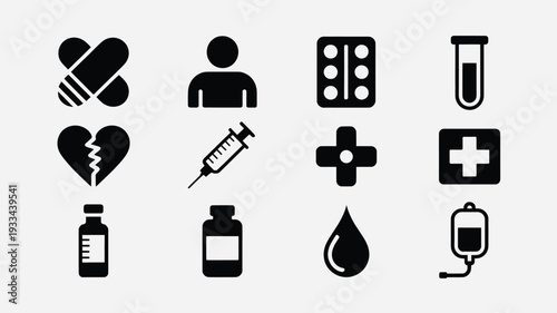 A set of black medical icons on a gray background, featuring various healthcare symbols, including pills, a syringe, a test tube, and more, in a flat design style.