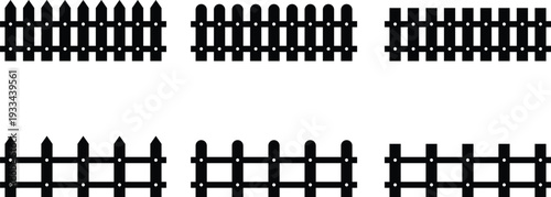 Collection of black and white vector silhouette picket fence sections isolated on white background.