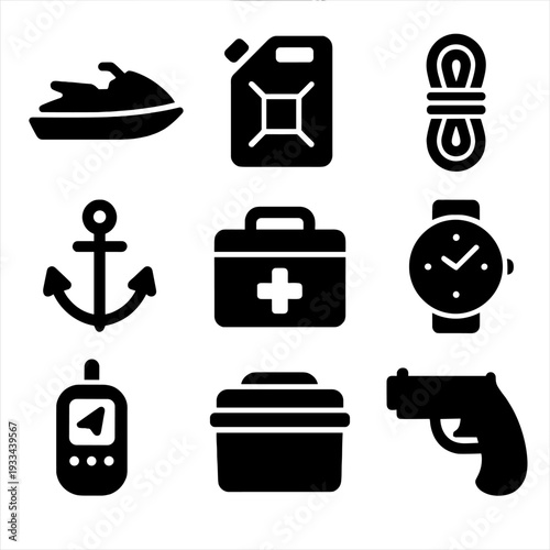 Essential nautical icons: jetski, fuel, rope, anchor, and more