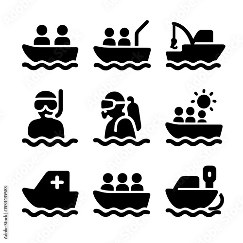 Black nautical icons: boats, snorkeling, and fishing on gradient background