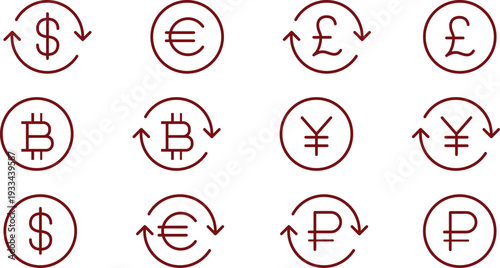 Money exchange and global currency symbols icon set on white background.