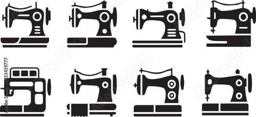 Sewing machine icons set representing crafting, fashion, and handmade textile production.